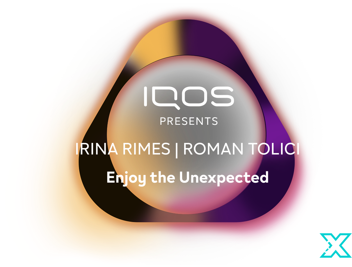 Logo IQOS si cu textul IQOS Presents UNEXPECTED COLLAB Guess the artists CURIOSX